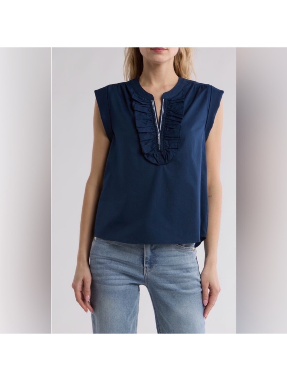 Democracy Navy Ruffle Poplin Blouse XL Short Sleeves Luxury Contemporary